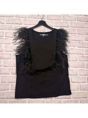 Eva Franco Black Sleeveless Shirt Feather Trim Women's L